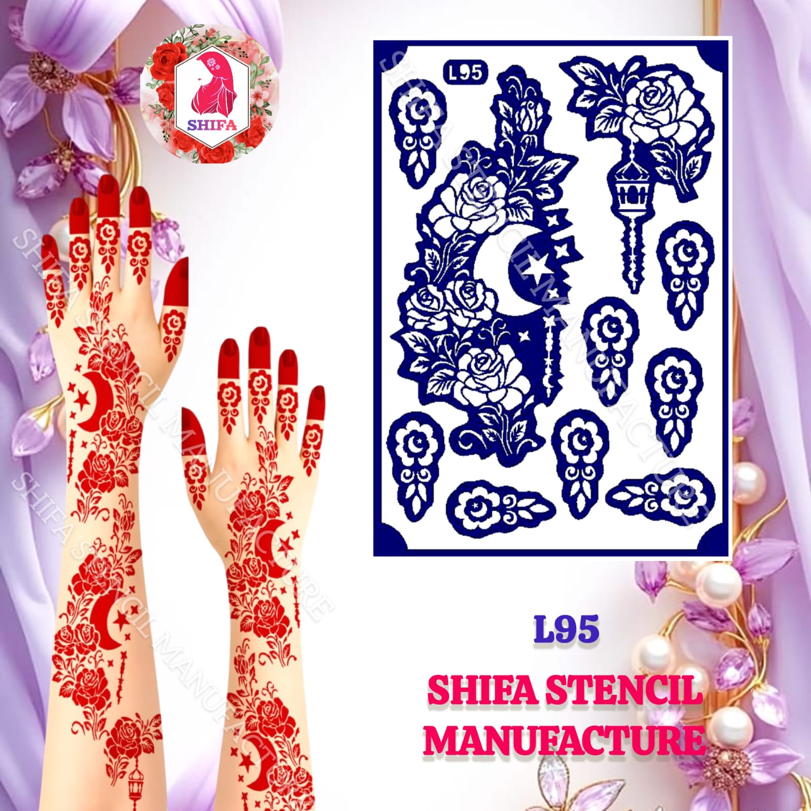 L95 Rose with Moon Mixed Arabic Design  - Sticker Overview  - Shifa Stencil Manufacturer